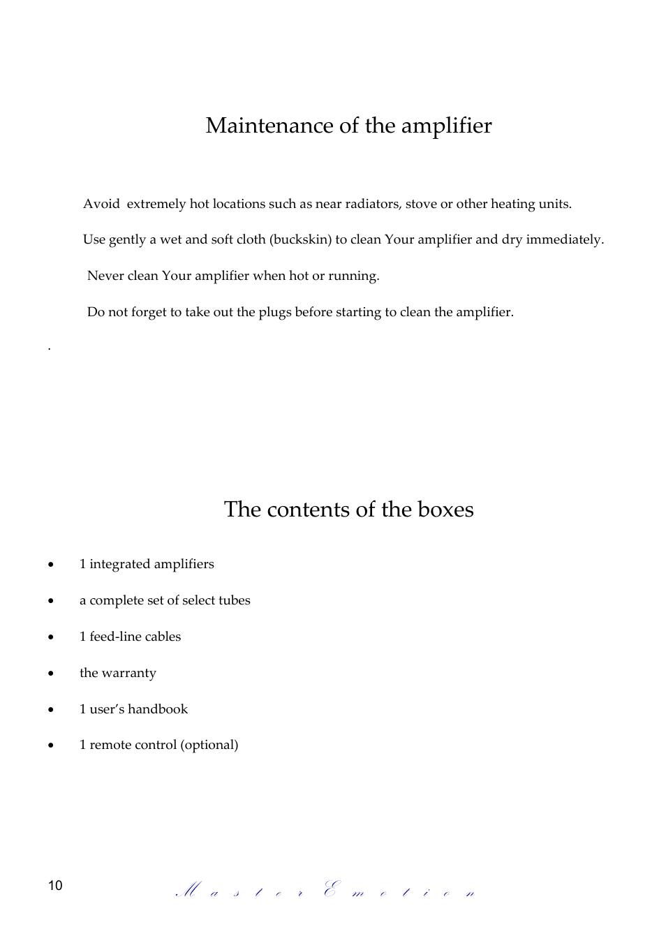 Maintenance of the amplifier, The contents of the boxes | Mastersound Dueundici User Manual | Page 10 / 12
