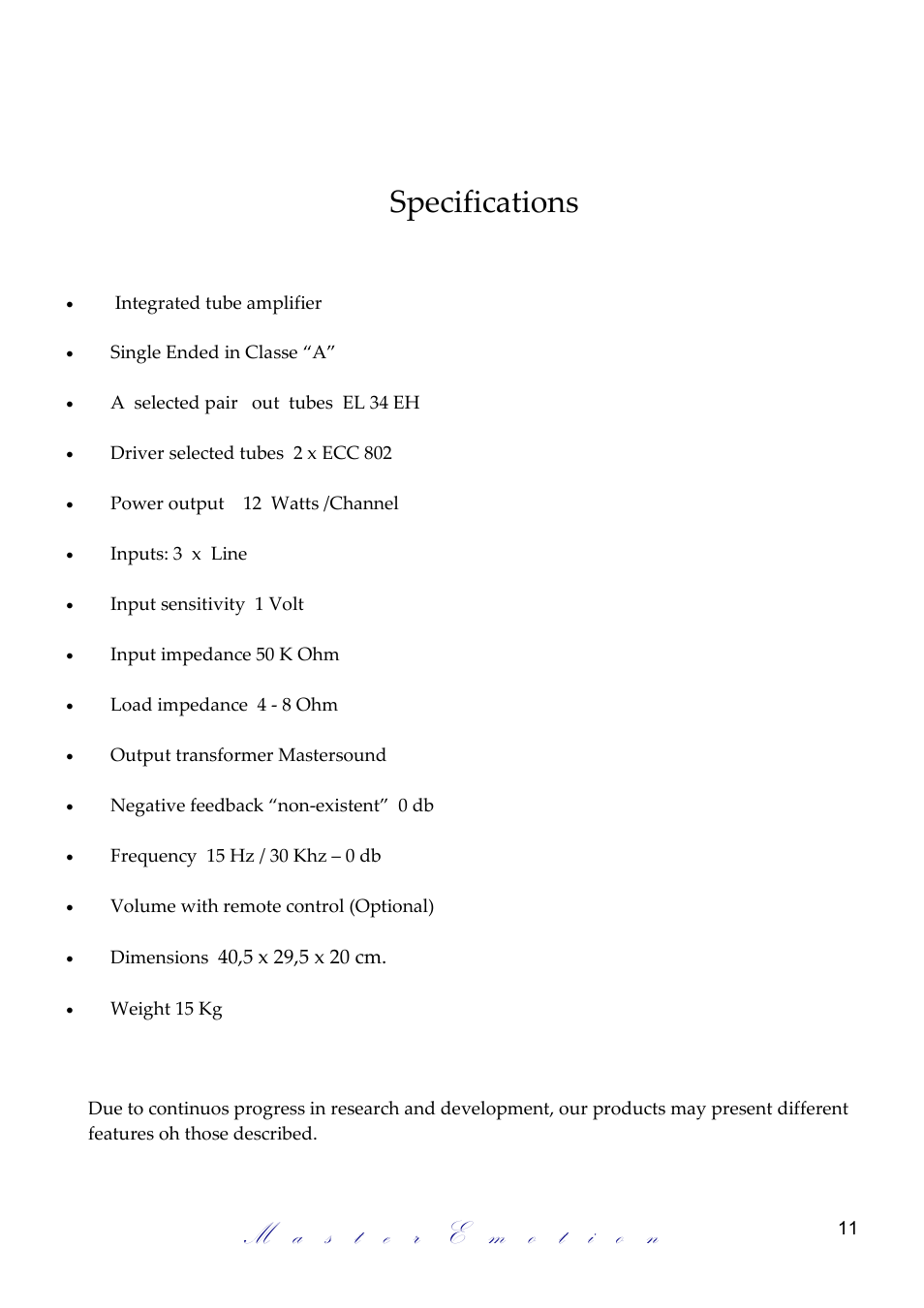 Specifications | Mastersound Dueundici User Manual | Page 11 / 12