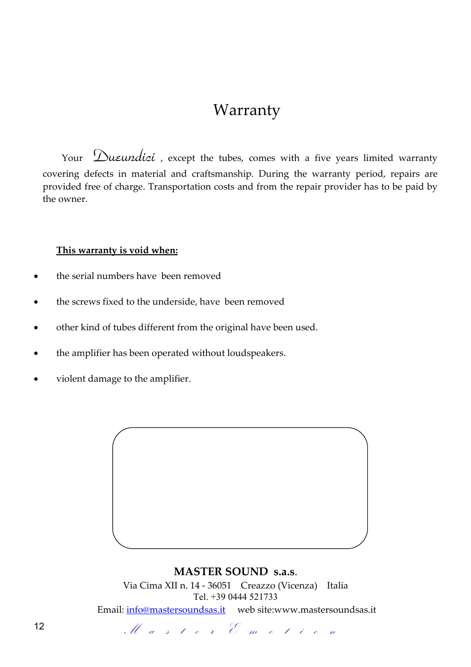 Dueundici, Warranty | Mastersound Dueundici User Manual | Page 12 / 12