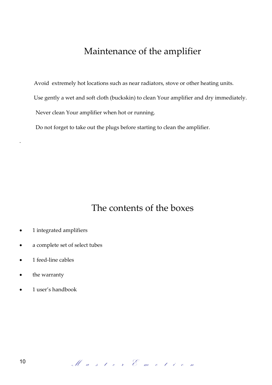 Maintenance of the amplifier, The contents of the boxes | Mastersound Due Venti S.E. User Manual | Page 10 / 12