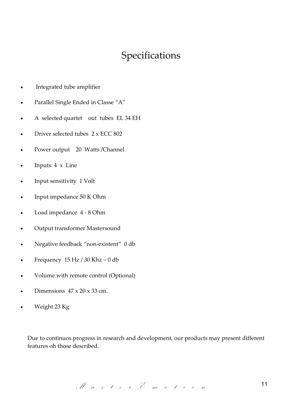 Specifications | Mastersound Due Venti S.E. User Manual | Page 11 / 12