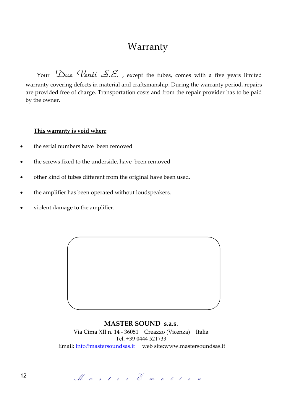 Due venti s.e, Warranty | Mastersound Due Venti S.E. User Manual | Page 12 / 12