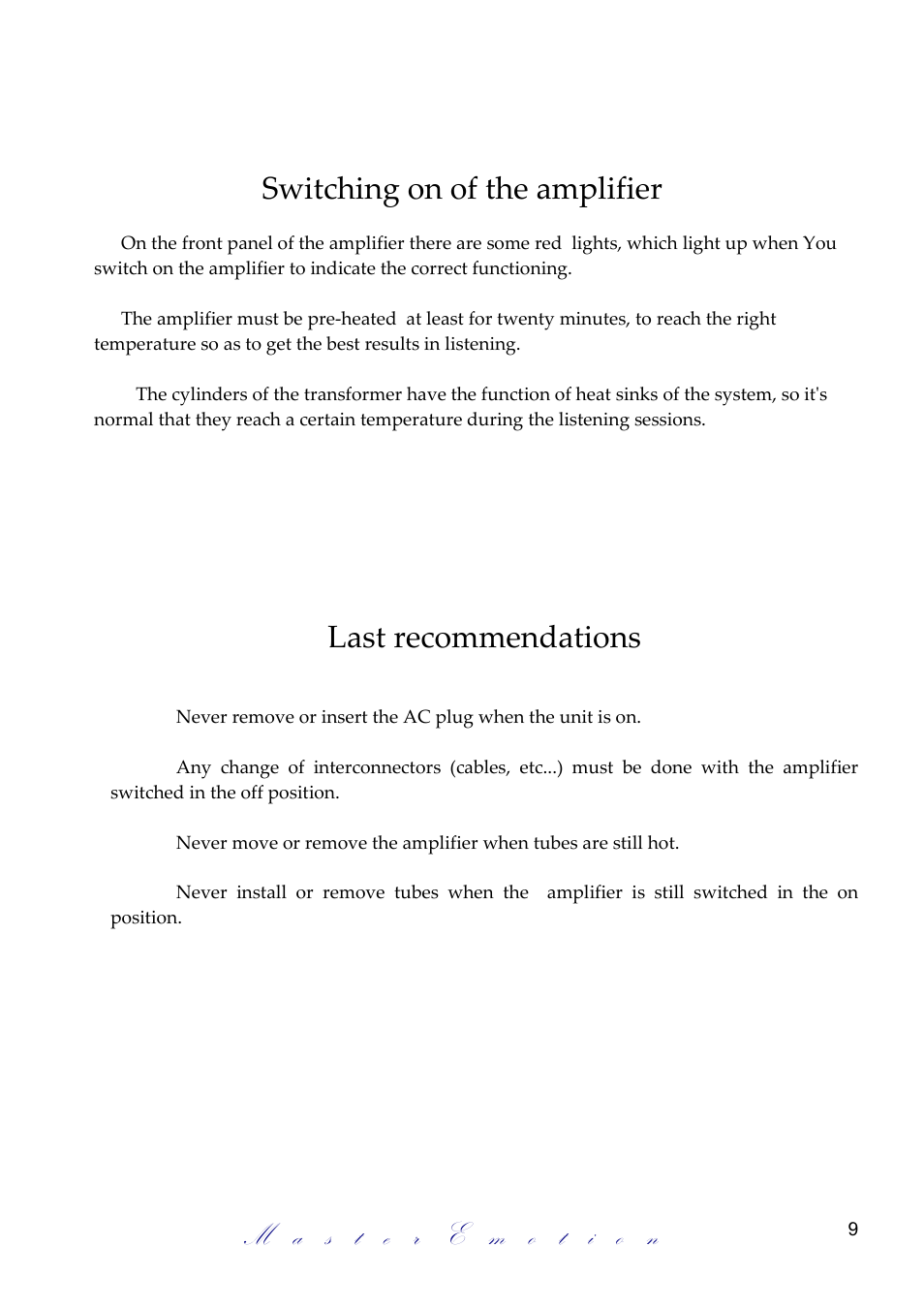 Switching on of the amplifier, Last recommendations | Mastersound Due Venti S.E. User Manual | Page 9 / 12