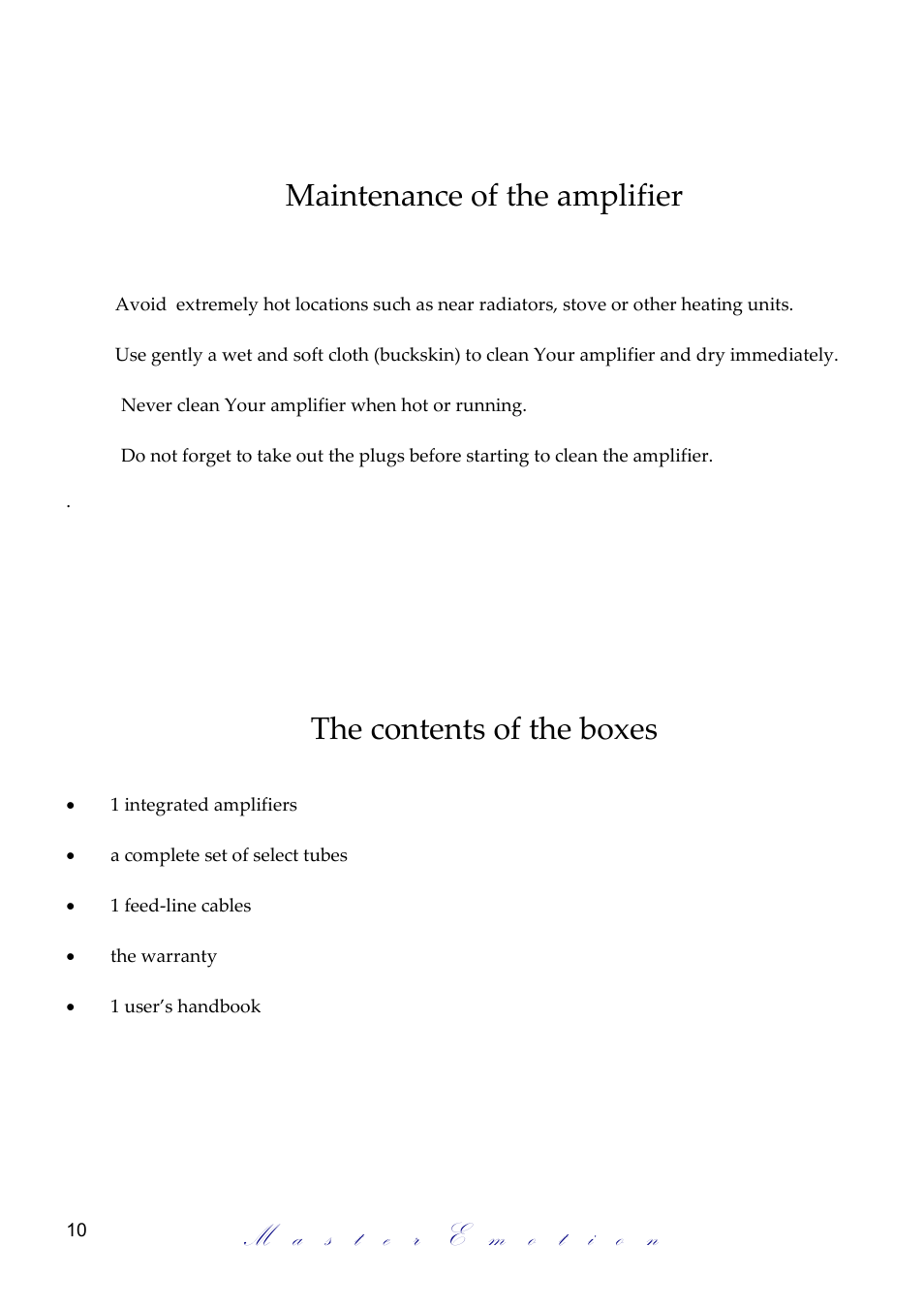 Maintenance of the amplifier, The contents of the boxes | Mastersound Due Trenta S.E. User Manual | Page 10 / 12