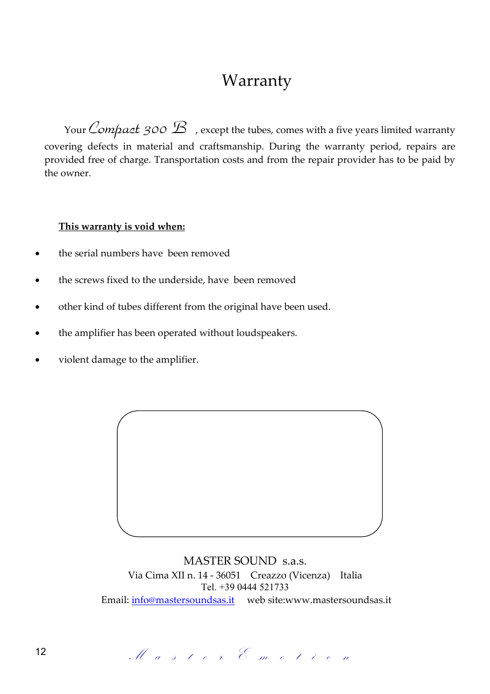 Compact 300 b, Warranty | Mastersound Compact 300 B User Manual | Page 12 / 12