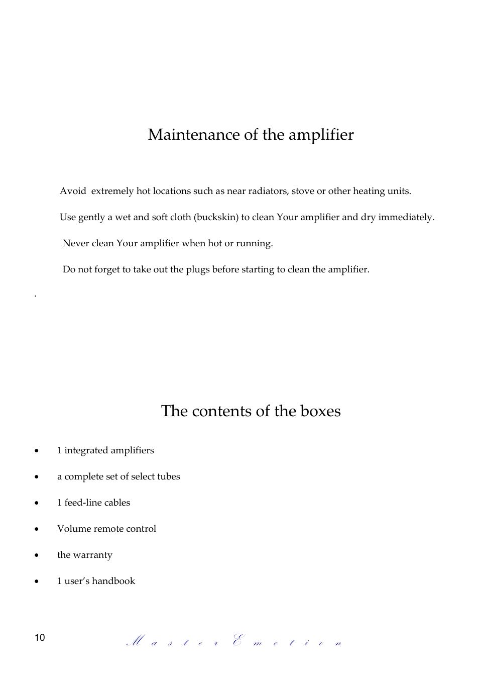 Maintenance of the amplifier, The contents of the boxes | Mastersound Compact 845 User Manual | Page 10 / 12