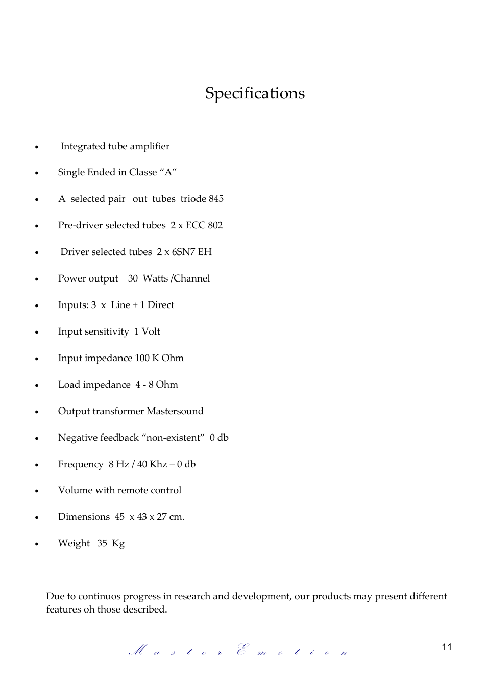 Specifications | Mastersound Compact 845 User Manual | Page 11 / 12