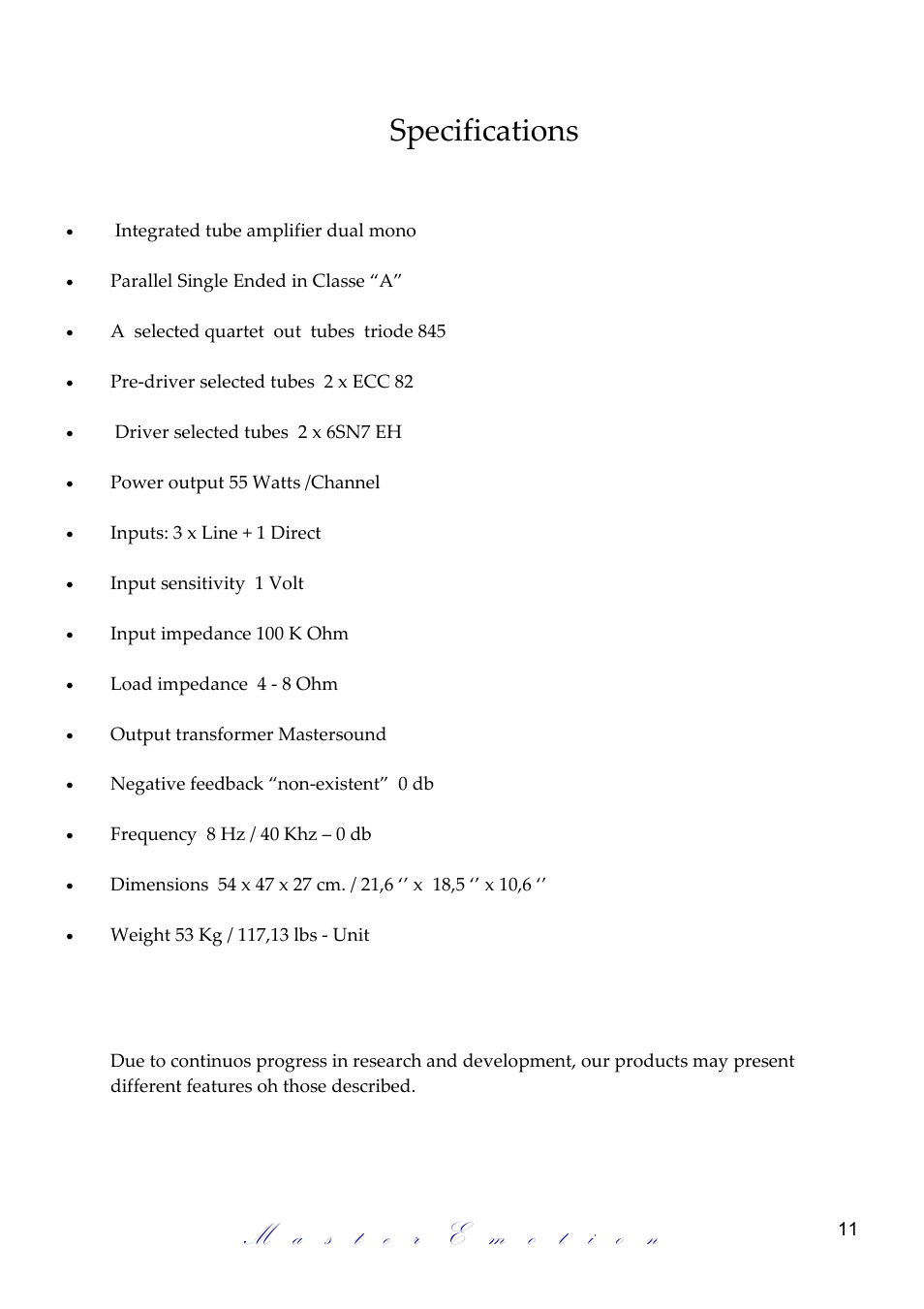 Specifications | Mastersound Evolution 845 User Manual | Page 11 / 12