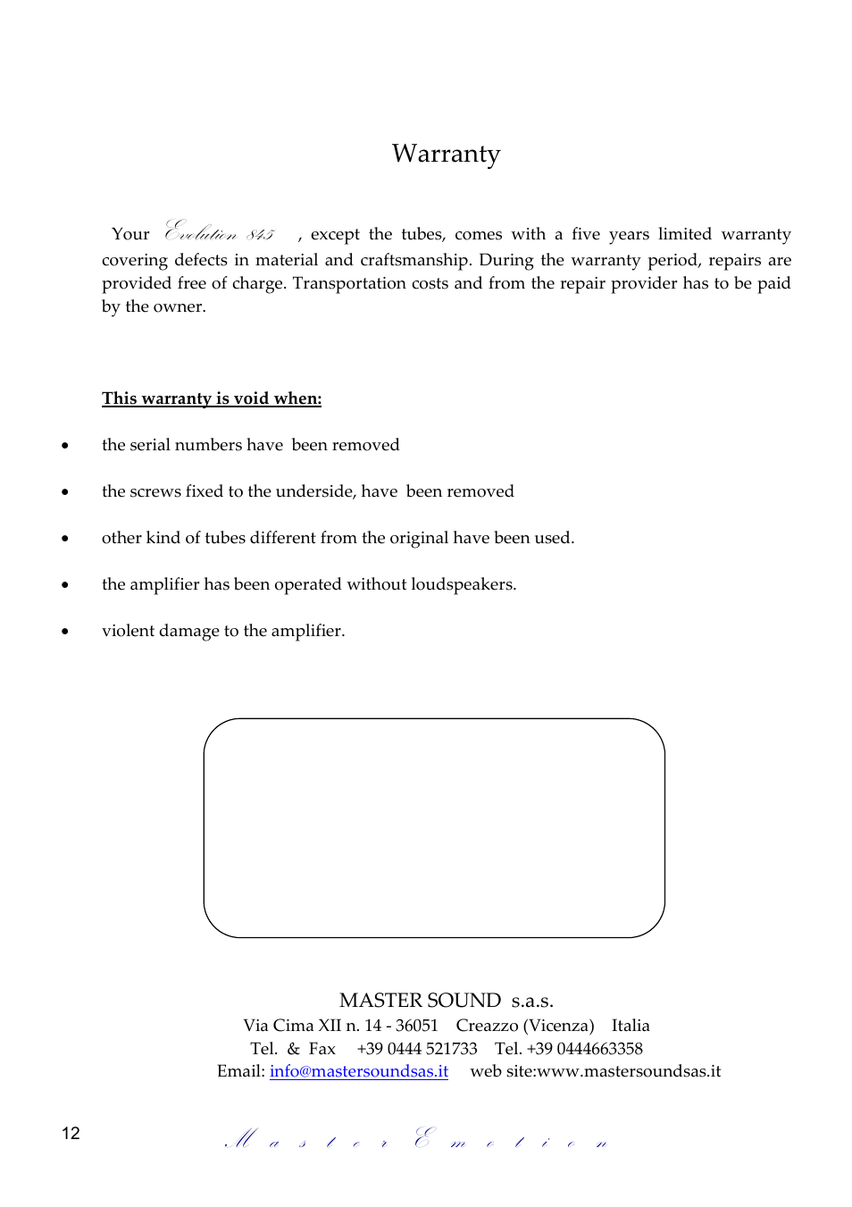 Evolution 845, Warranty | Mastersound Evolution 845 User Manual | Page 12 / 12
