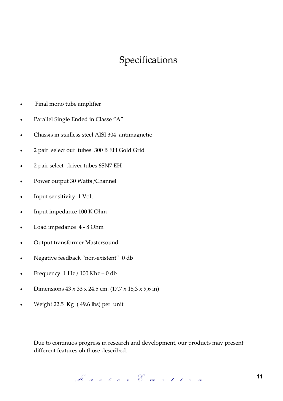Specifications | Mastersound Monoblock 300 B Plus User Manual | Page 11 / 12