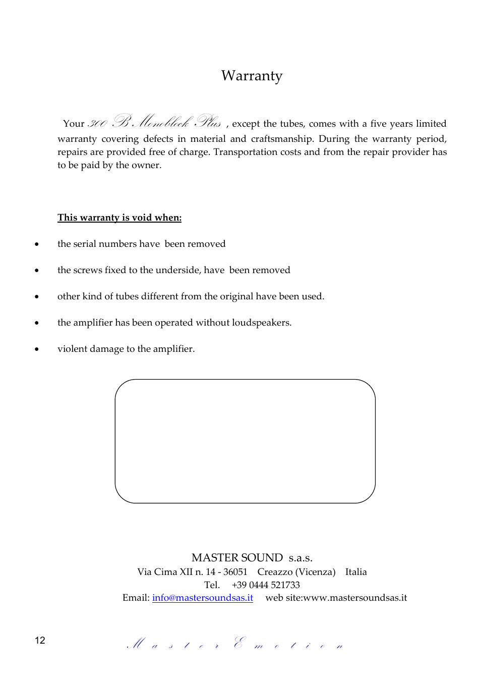 300 b monoblock, Plus, Warranty | Mastersound Monoblock 300 B Plus User Manual | Page 12 / 12