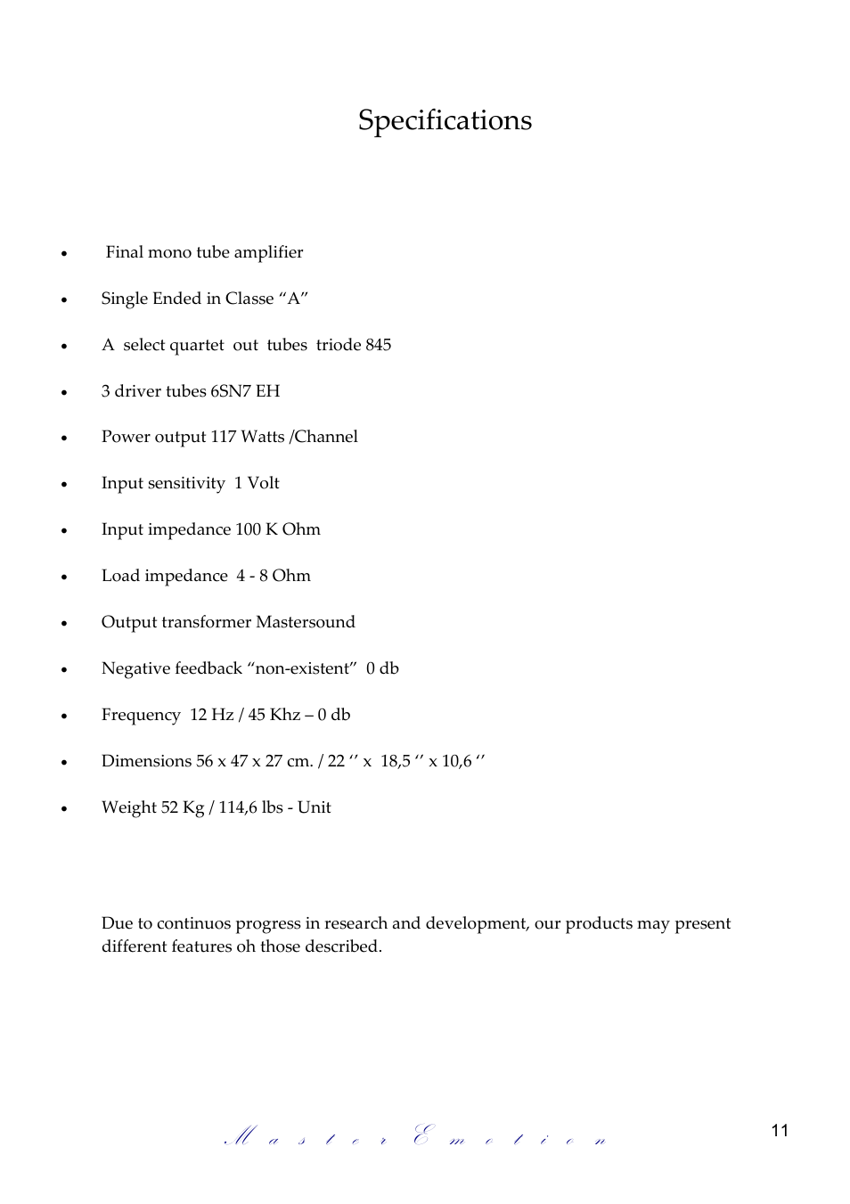 Specifications | Mastersound PF 100 Limited User Manual | Page 11 / 12
