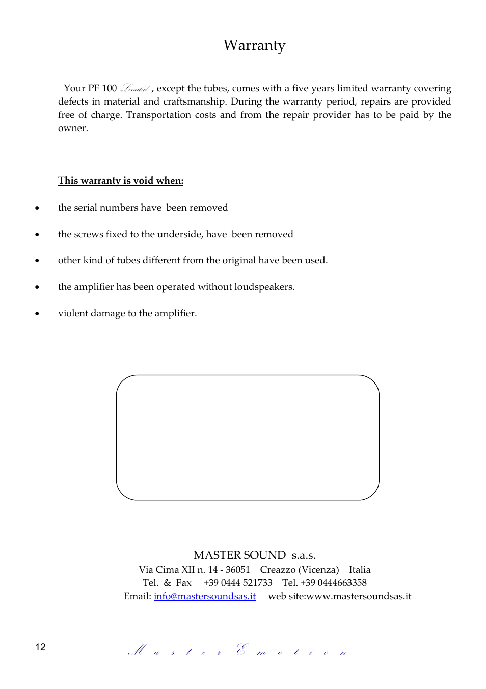 Warranty | Mastersound PF 100 Limited User Manual | Page 12 / 12