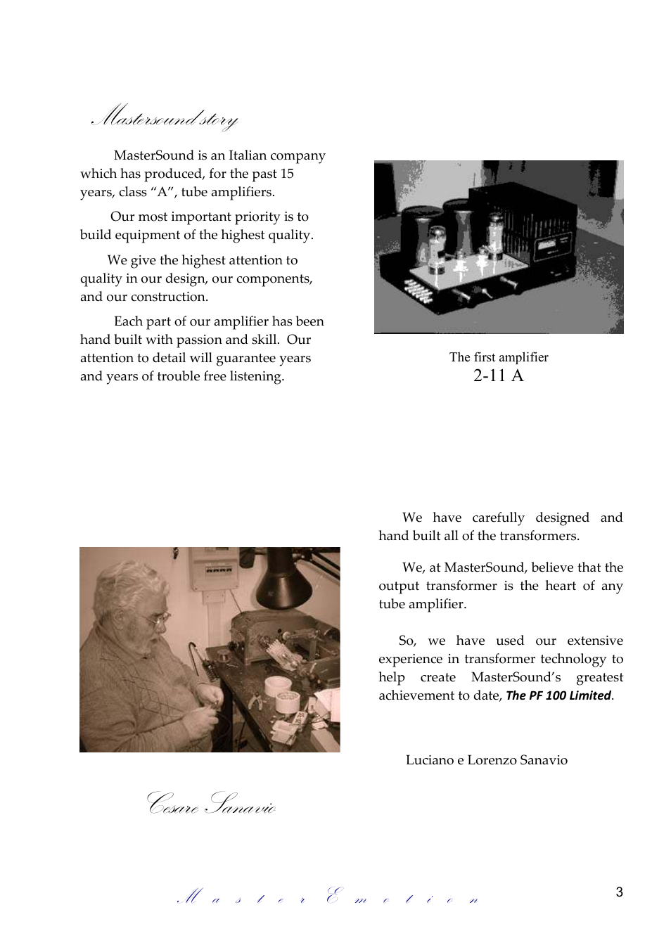 Mastersound story, Cesare sanavio | Mastersound PF 100 Limited User Manual | Page 3 / 12