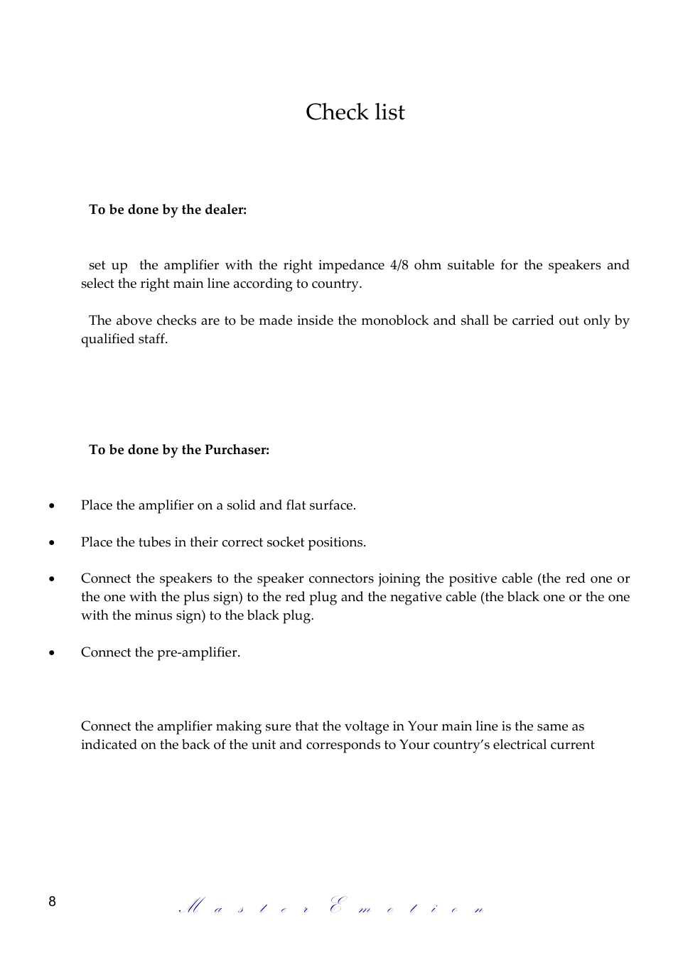 Check list | Mastersound PF 100 Limited User Manual | Page 8 / 12