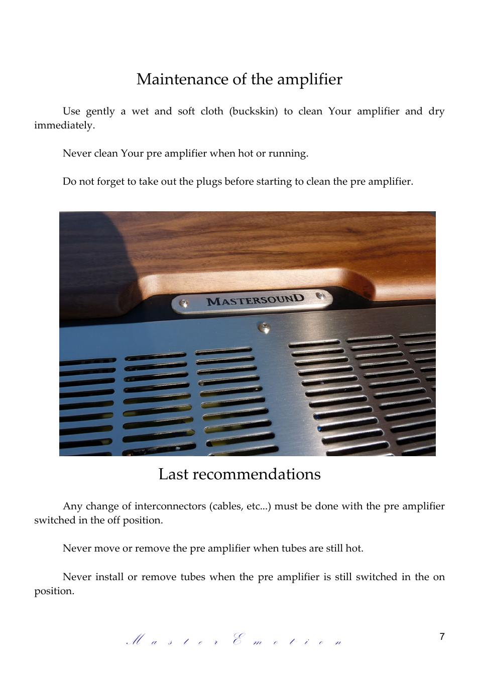 Maintenance of the amplifier, Last recommendations | Mastersound PH L5 User Manual | Page 7 / 10