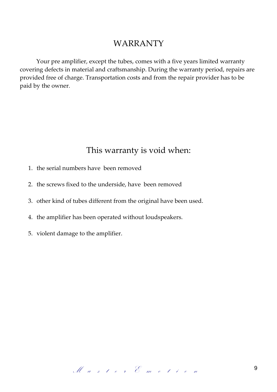 Warranty, This warranty is void when | Mastersound PH L5 User Manual | Page 9 / 10