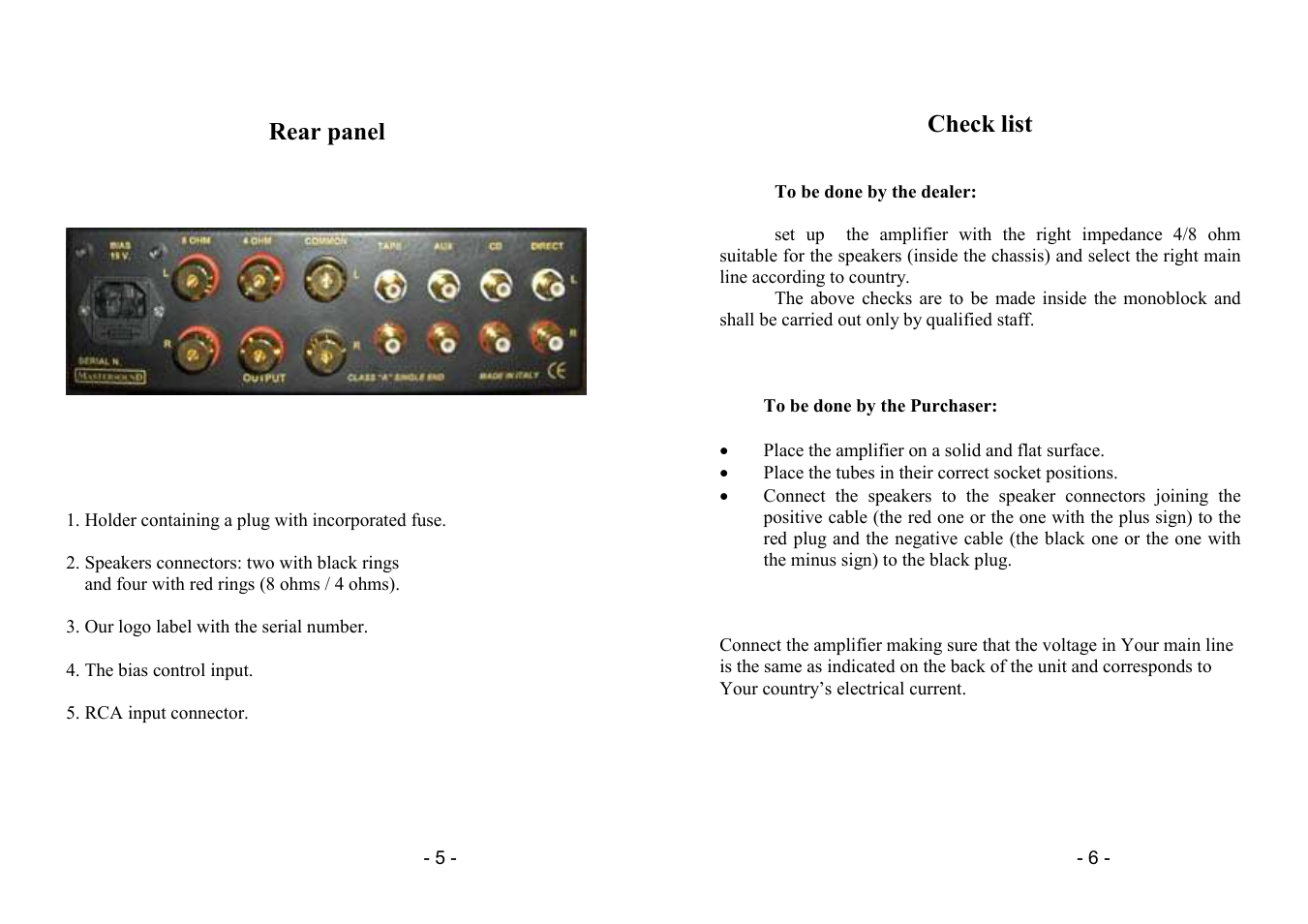 Rear panel, Check list | Mastersound Compact 300 B User Manual | Page 3 / 7