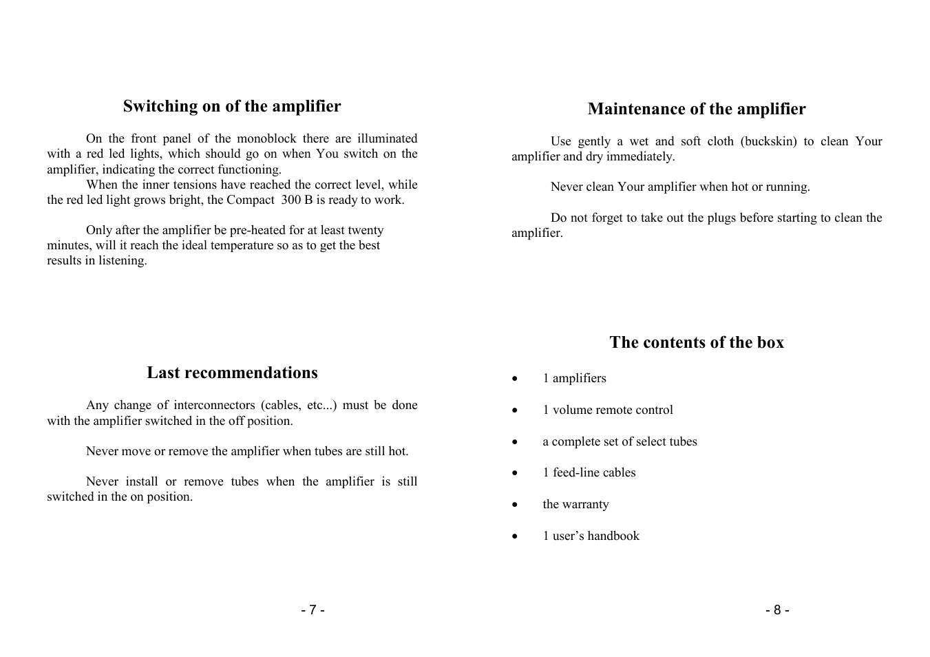 Switching on of the amplifier, Last recommendations, Maintenance of the amplifier | The contents of the box | Mastersound Compact 300 B User Manual | Page 4 / 7
