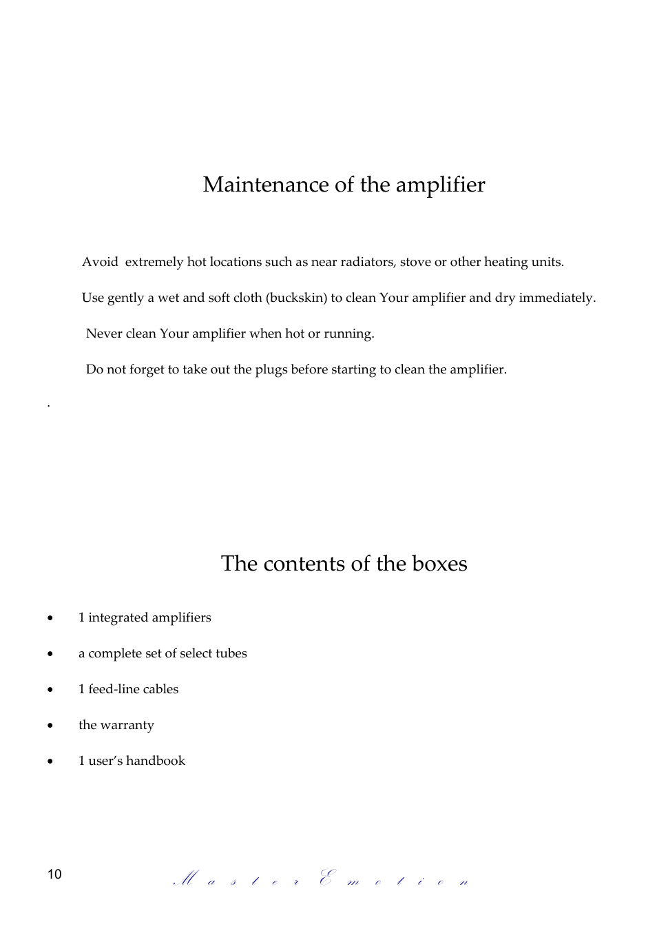 Maintenance of the amplifier, The contents of the boxes | Mastersound Compact 845 versione 2 User Manual | Page 10 / 12