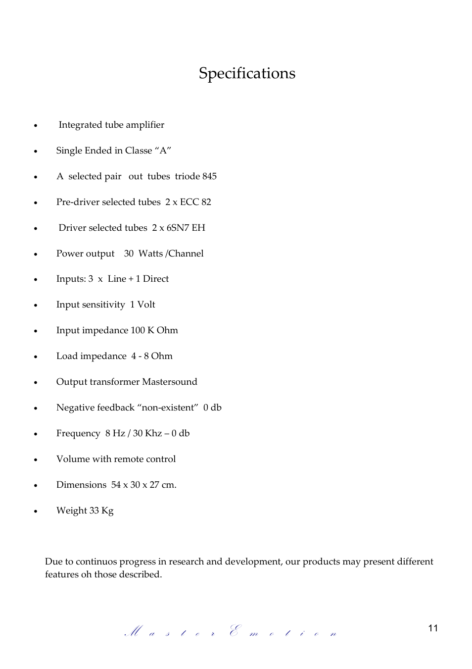 Specifications | Mastersound Compact 845 versione 2 User Manual | Page 11 / 12