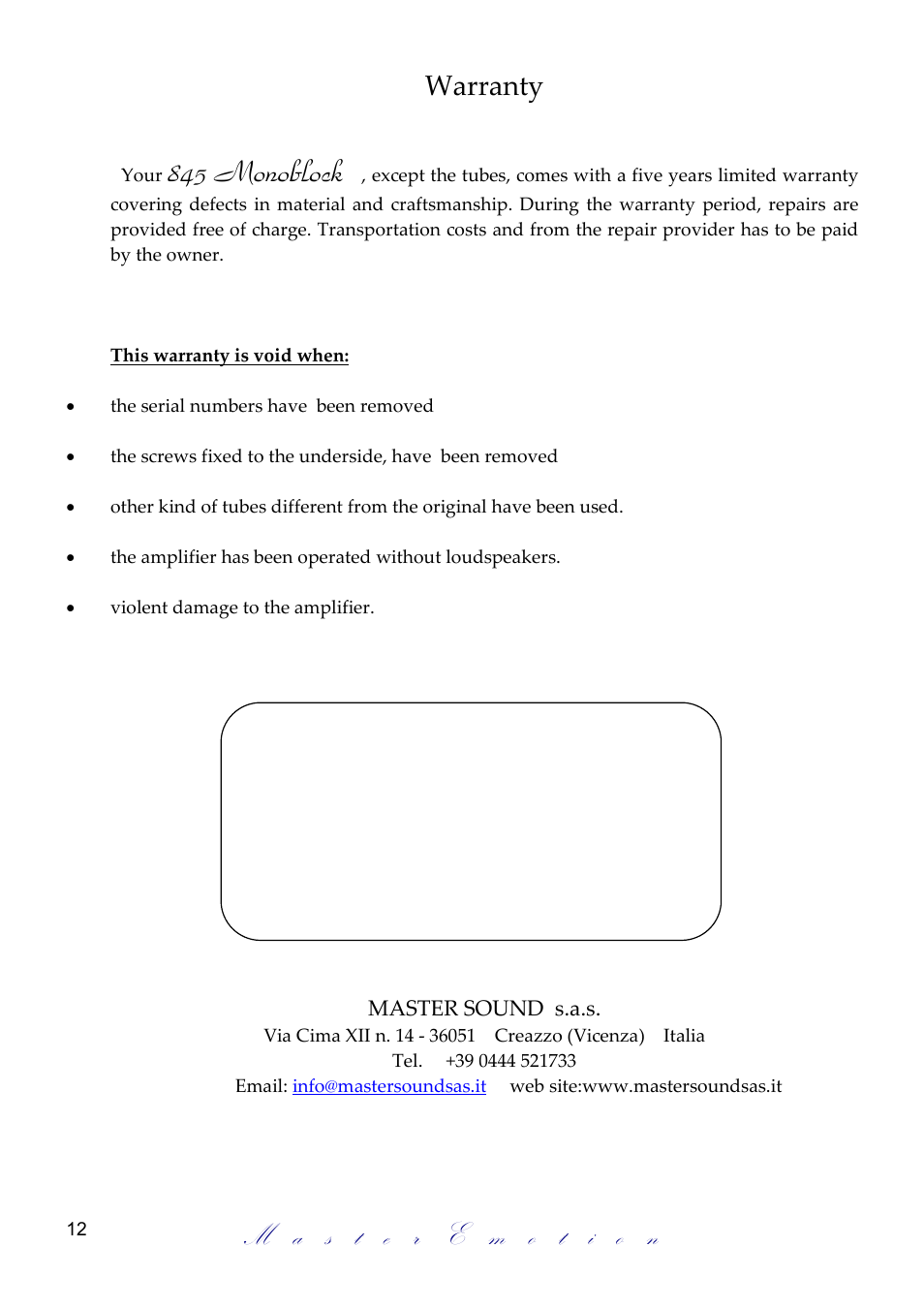 845 monoblock, Warranty | Mastersound Monoblock 845 User Manual | Page 12 / 12