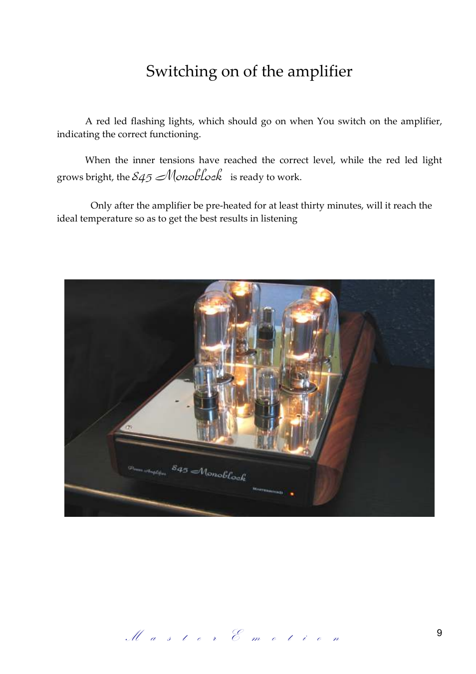 Switching on of the amplifier, 845 monoblock | Mastersound Monoblock 845 User Manual | Page 9 / 12