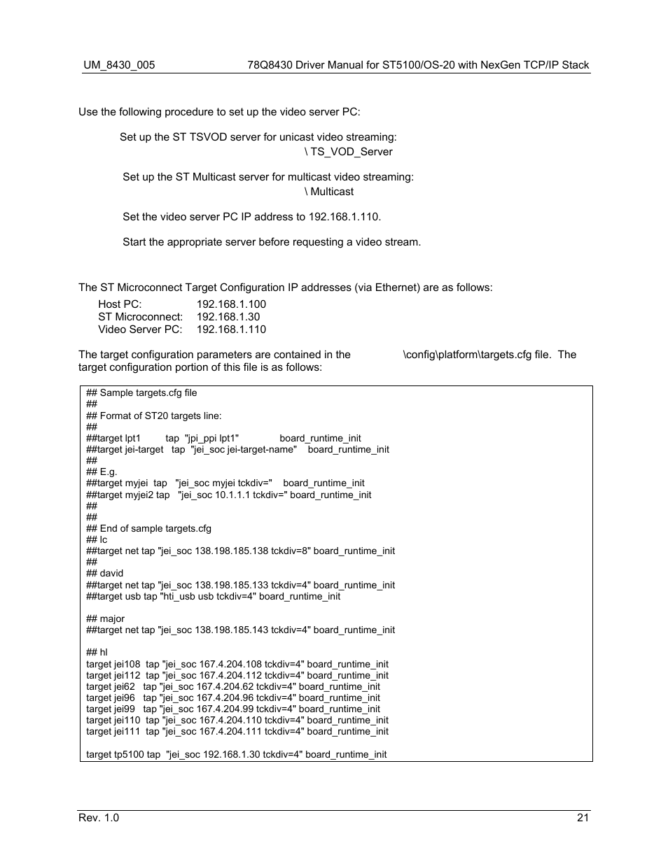 Mpeg video server pc environment, St microconnect target configuration | Maxim Integrated 78Q8430 ST 5100/OS-20 with NexGen TCP/IP Stack User Manual | Page 21 / 28