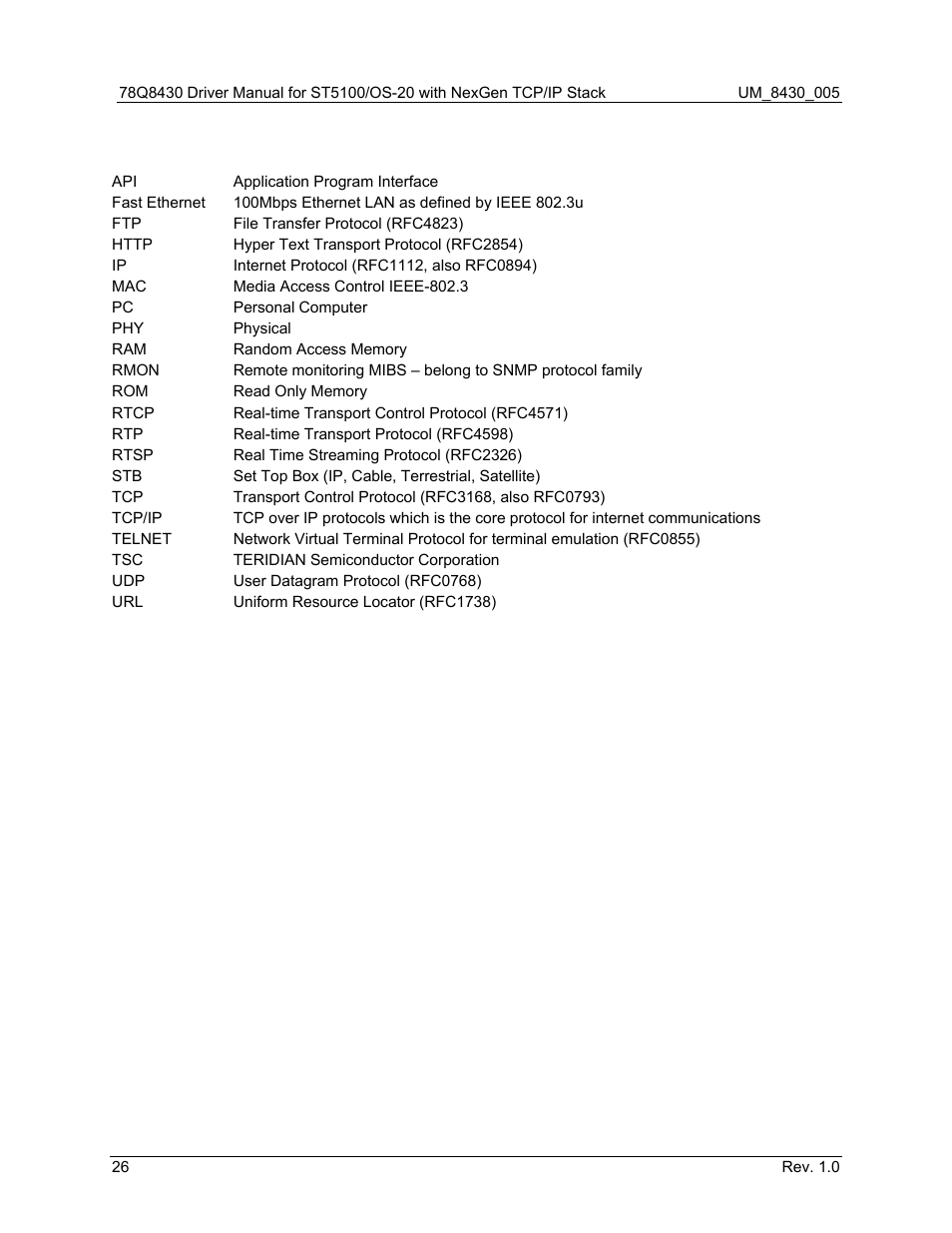 Appendix a – acronyms | Maxim Integrated 78Q8430 ST 5100/OS-20 with NexGen TCP/IP Stack User Manual | Page 26 / 28