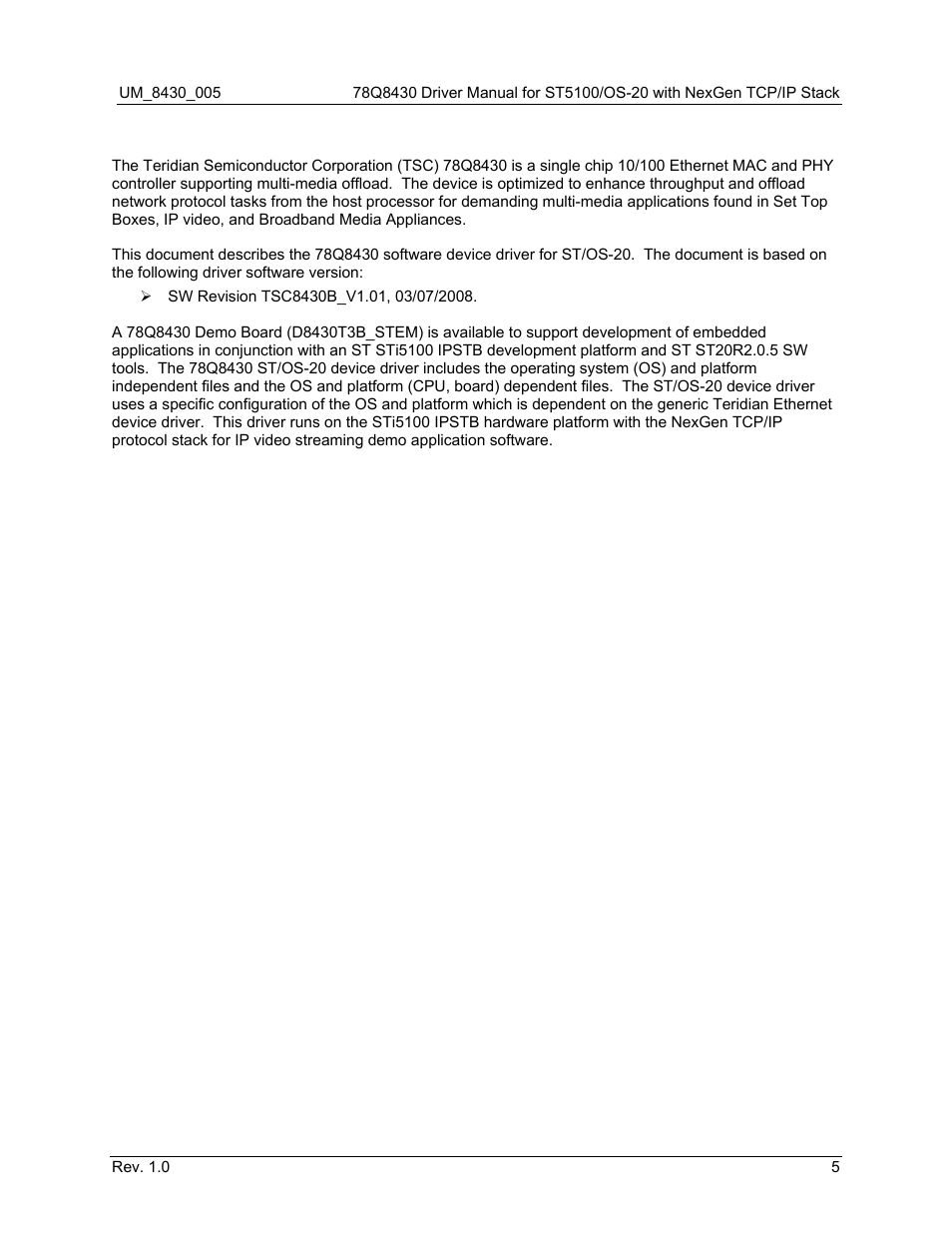 1 introduction, Introduction | Maxim Integrated 78Q8430 ST 5100/OS-20 with NexGen TCP/IP Stack User Manual | Page 5 / 28