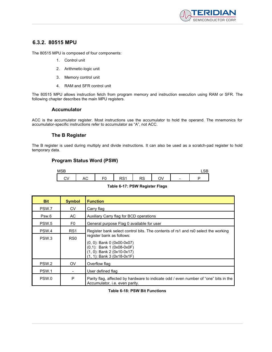 80515 mpu, Accumulator, The b register | Program status word (psw) | Maxim Integrated 71M6513H Power Meter IC Family Software User Manual | Page 115 / 137