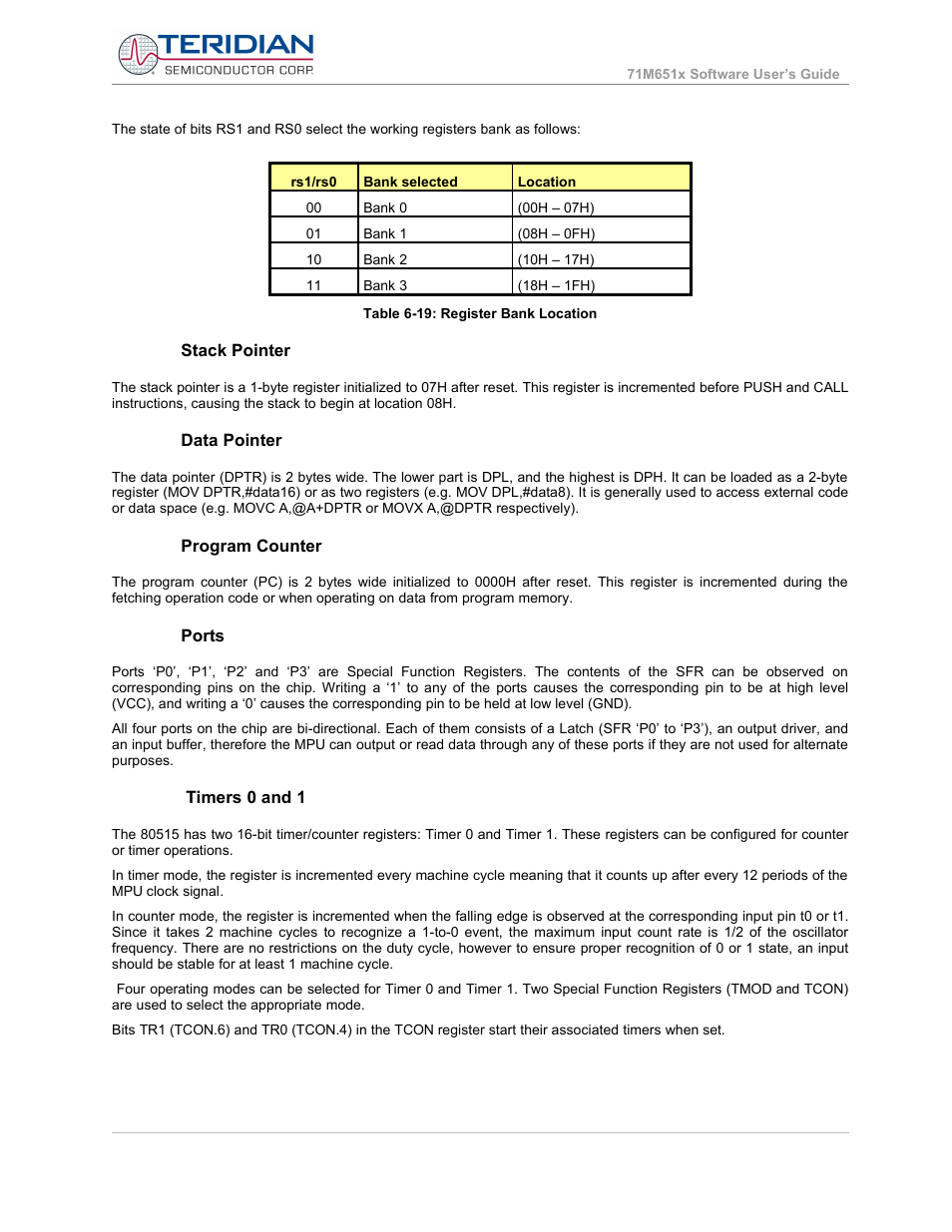 Stack pointer, Data pointer, Program counter | Ports, Timers 0 and 1 | Maxim Integrated 71M6513H Power Meter IC Family Software User Manual | Page 116 / 137