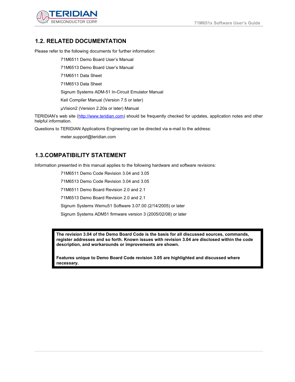 Related documentation, Compatibility statement, Related documentation 1.3. compatibility statement | Maxim Integrated 71M6513H Power Meter IC Family Software User Manual | Page 12 / 137
