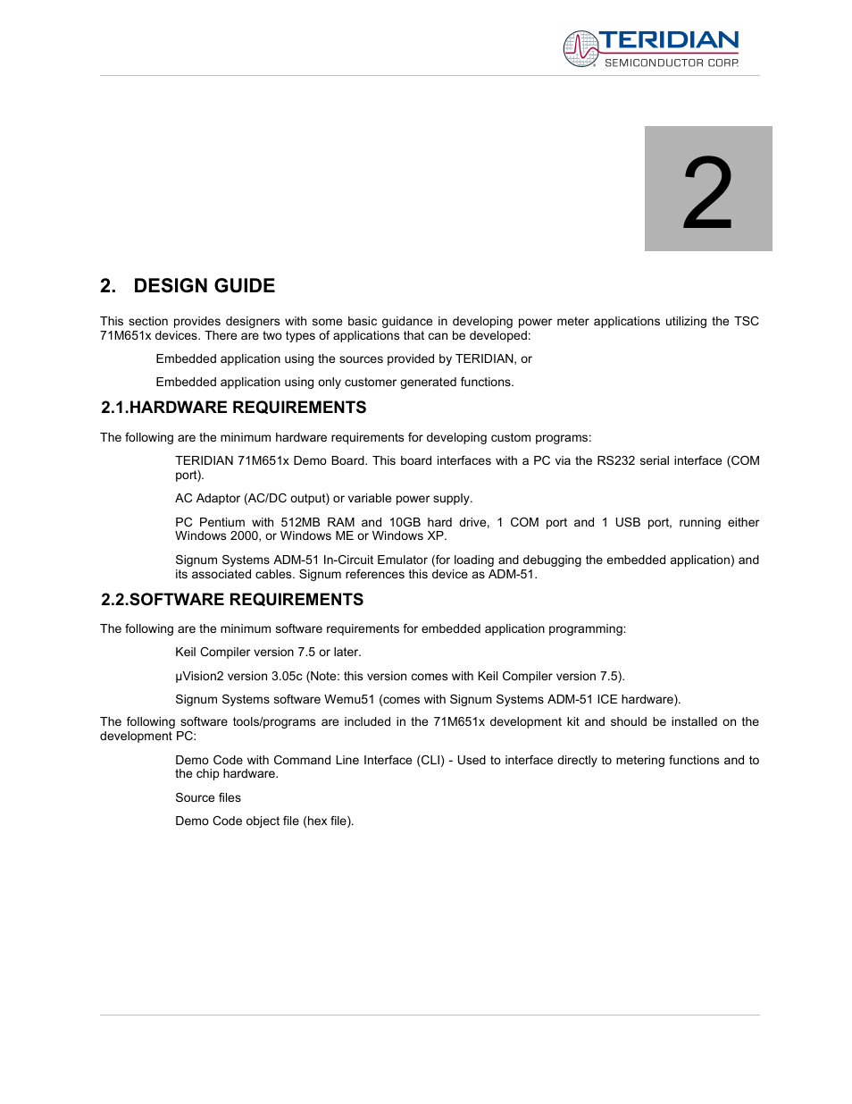 Design guide, Hardware requirements, Software requirements | Hardware requirements 2.2. software requirements | Maxim Integrated 71M6513H Power Meter IC Family Software User Manual | Page 13 / 137