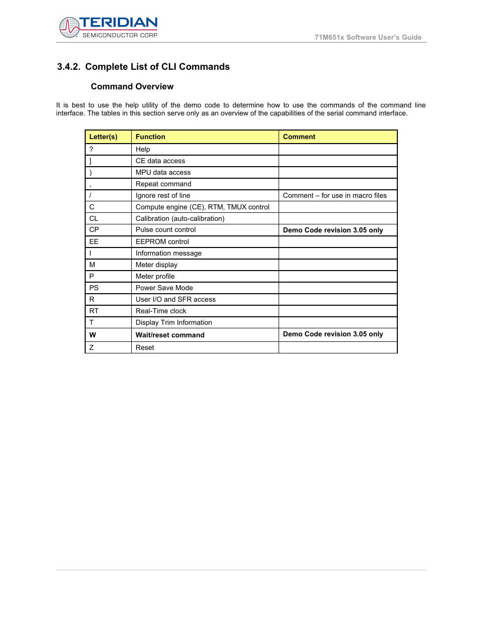Complete list of cli commands, Command overview | Maxim Integrated 71M6513H Power Meter IC Family Software User Manual | Page 20 / 137