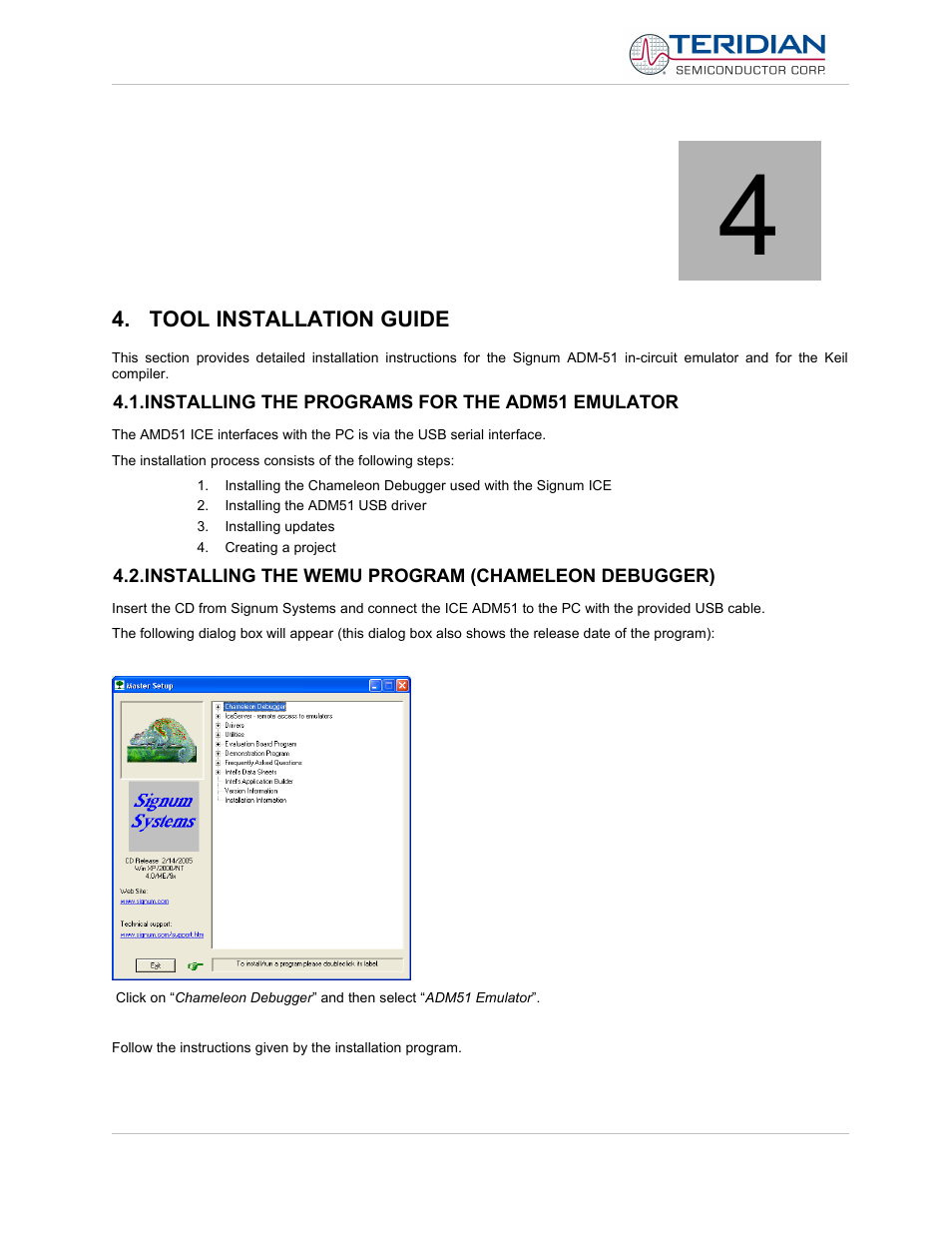 Tool installation guide, Installing the programs for the adm51 emulator, Installing the wemu program (chameleon debugger) | Maxim Integrated 71M6513H Power Meter IC Family Software User Manual | Page 29 / 137