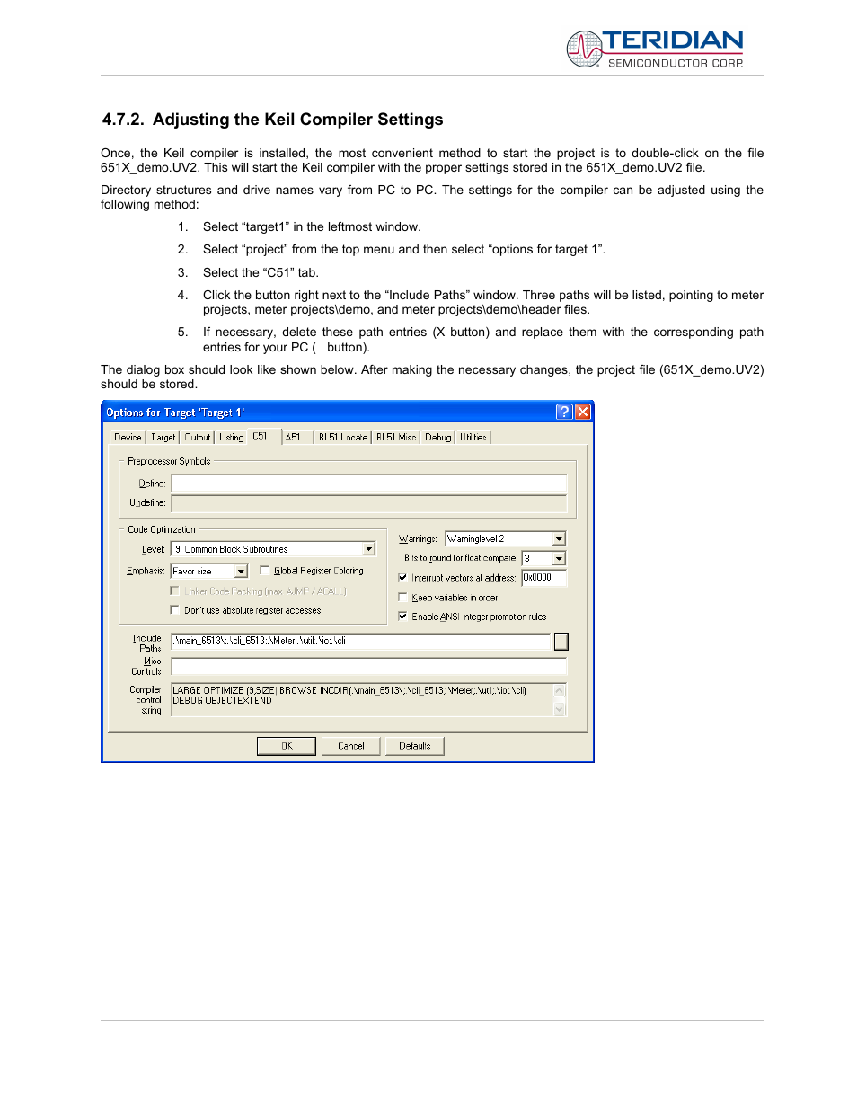 Adjusting the keil compiler settings | Maxim Integrated 71M6513H Power Meter IC Family Software User Manual | Page 37 / 137
