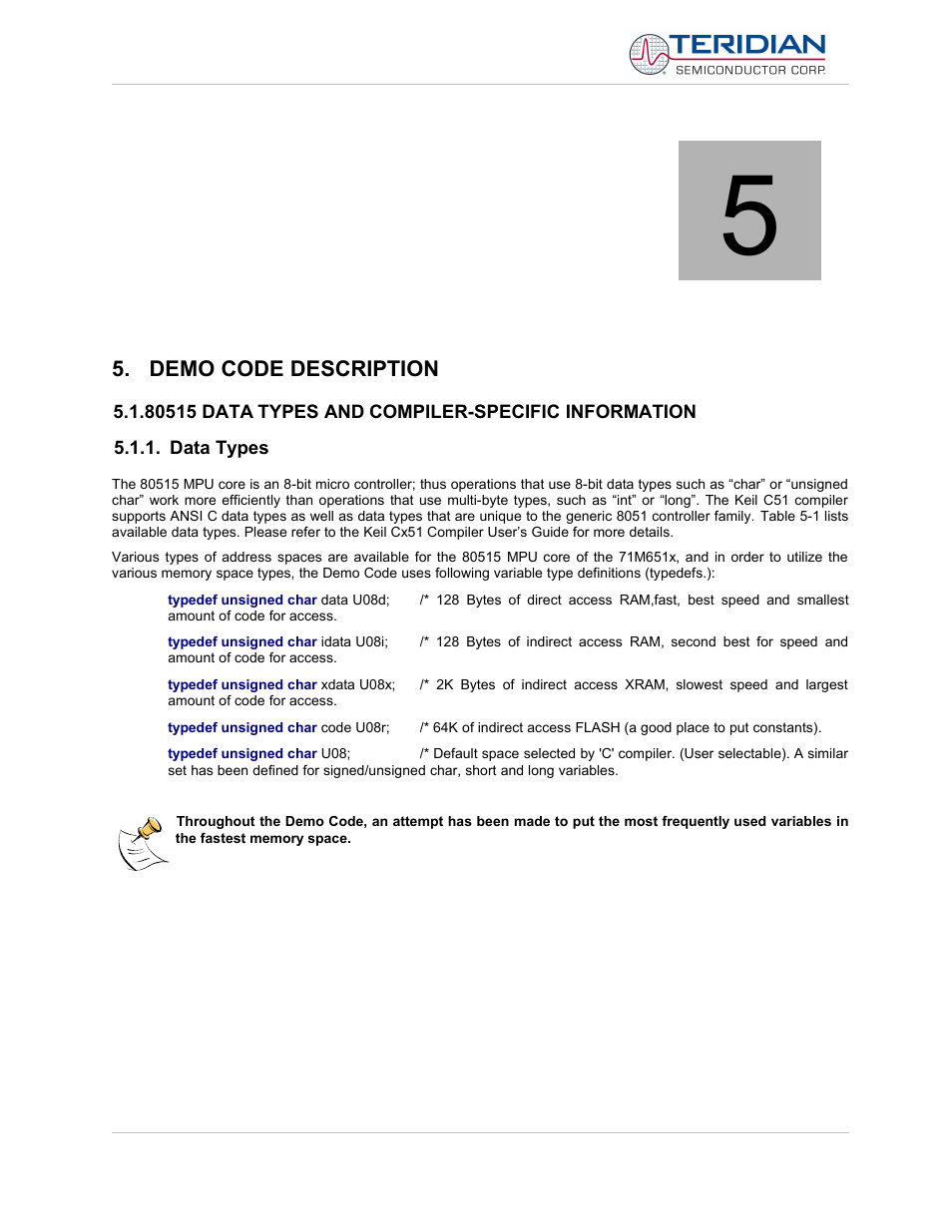 Demo code description, 80515 data types and compiler-specific information, Data types | Maxim Integrated 71M6513H Power Meter IC Family Software User Manual | Page 43 / 137