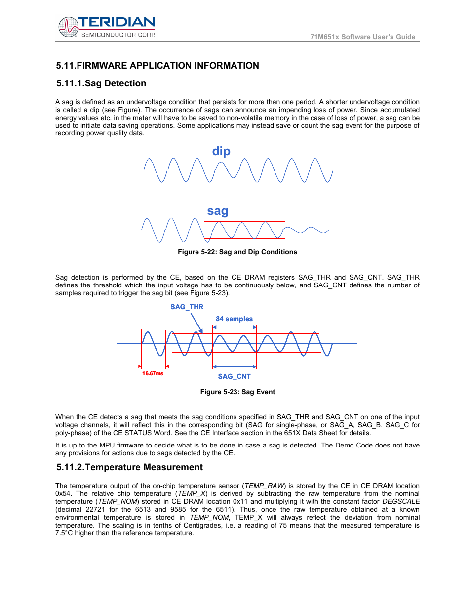Firmware application information, Sag detection, Temperature measurement | Dip sag | Maxim Integrated 71M6513H Power Meter IC Family Software User Manual | Page 80 / 137