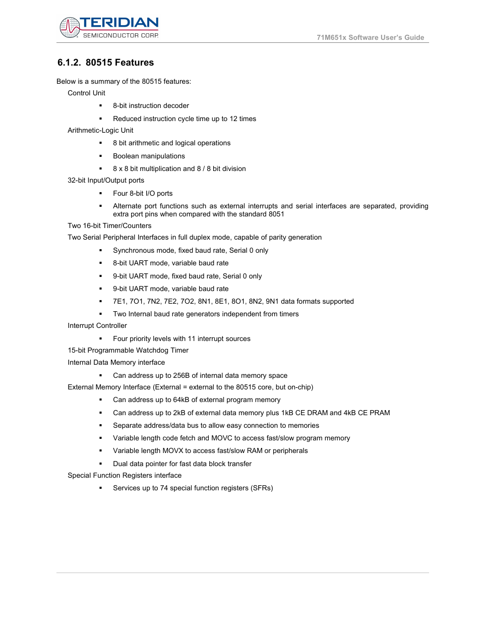 80515 features | Maxim Integrated 71M6513H Power Meter IC Family Software User Manual | Page 96 / 137