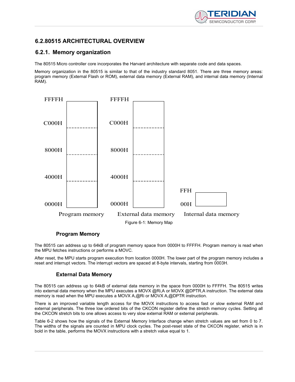 80515 architectural overview, Memory organization, Program memory | External data memory | Maxim Integrated 71M6513H Power Meter IC Family Software User Manual | Page 97 / 137