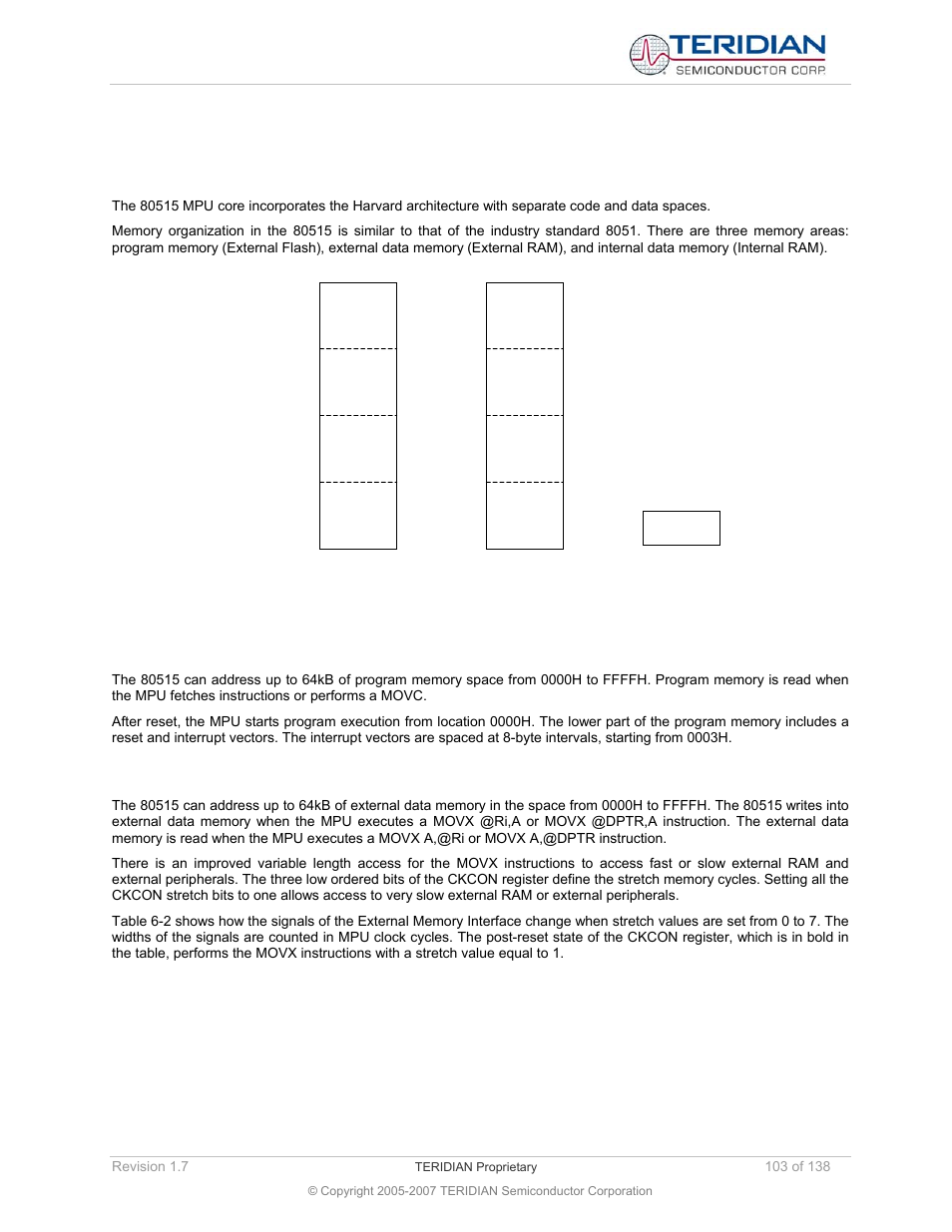 2 80515 architectural overview, 1 memory organization, Program memory | External data memory, 80515 architectural overview, Memory organization | Maxim Integrated 71M6521BE Energy Meter IC Family Software User Manual | Page 103 / 138