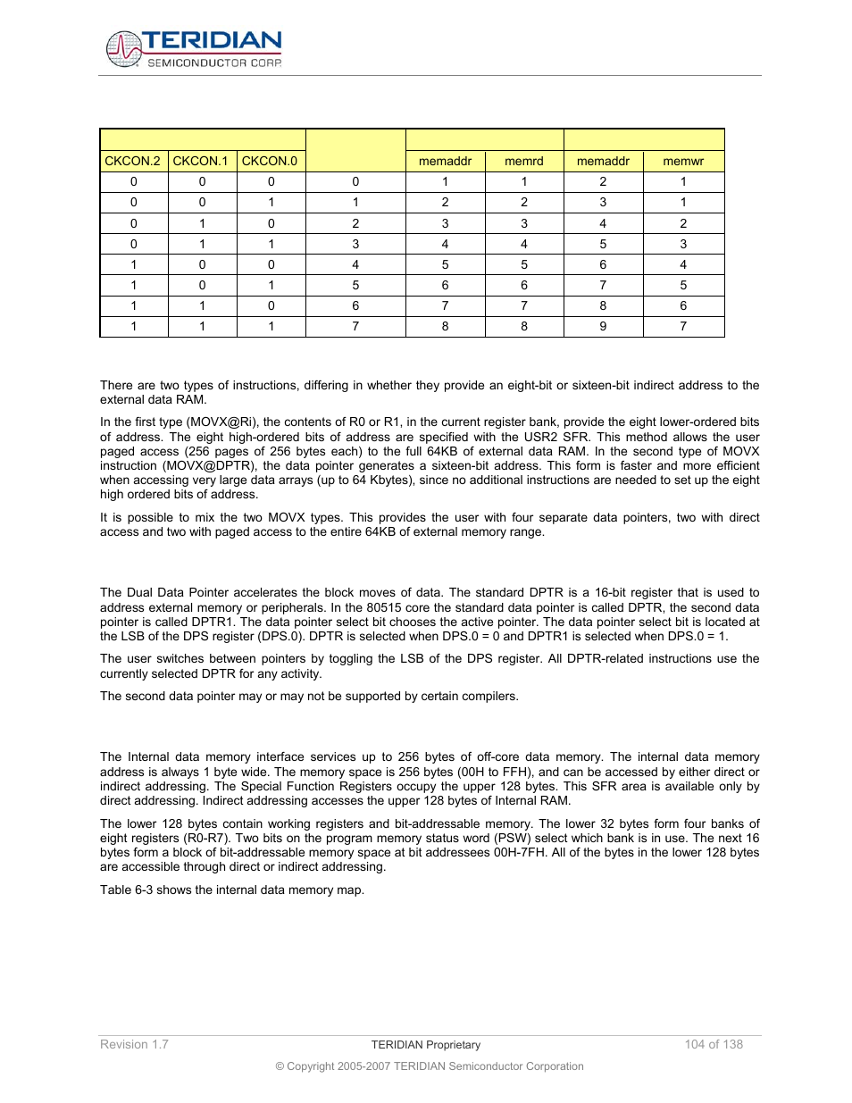 Dual data pointer, Internal data memory | Maxim Integrated 71M6521BE Energy Meter IC Family Software User Manual | Page 104 / 138