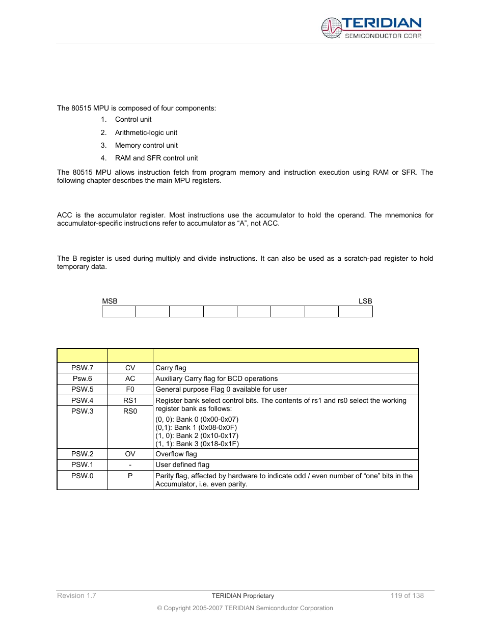 2 80515 mpu, Accumulator, The b register | Program status word (psw), 80515 mpu | Maxim Integrated 71M6521BE Energy Meter IC Family Software User Manual | Page 119 / 138