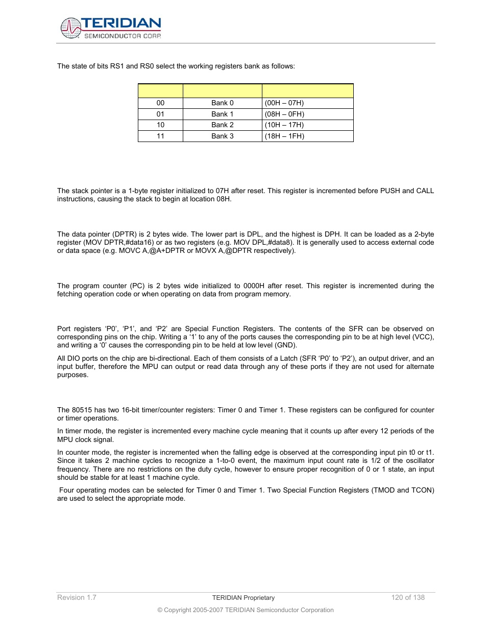 Stack pointer, Data pointer, Program counter | Ports, Timers 0 and 1 | Maxim Integrated 71M6521BE Energy Meter IC Family Software User Manual | Page 120 / 138