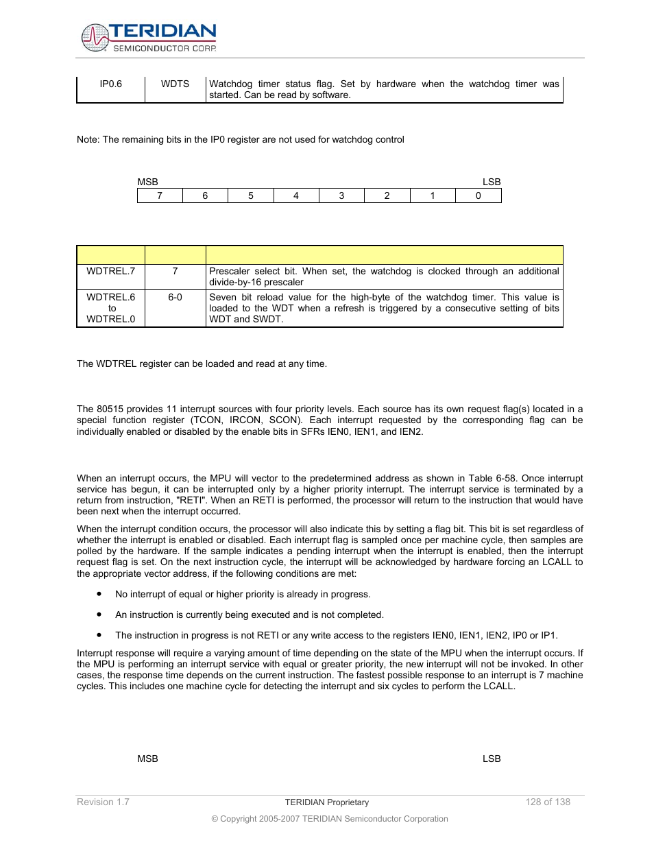 Watchdog timer reload register (wdtrel), 5 the interrupt service routine unit, 1 interrupt overview | 2 special function registers for interrupts, Interrupt enable 0 register (ie0), The interrupt service routine unit, Interrupt overview, Special function registers for interrupts | Maxim Integrated 71M6521BE Energy Meter IC Family Software User Manual | Page 128 / 138