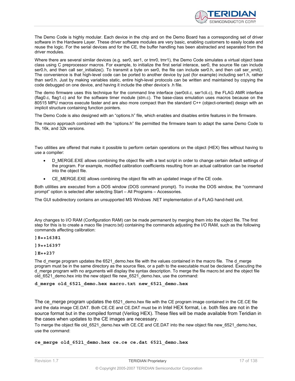 4 utilities, 1 d_merge, 2 ce_merge | Utilities, D_merge, Ce_merge | Maxim Integrated 71M6521BE Energy Meter IC Family Software User Manual | Page 17 / 138