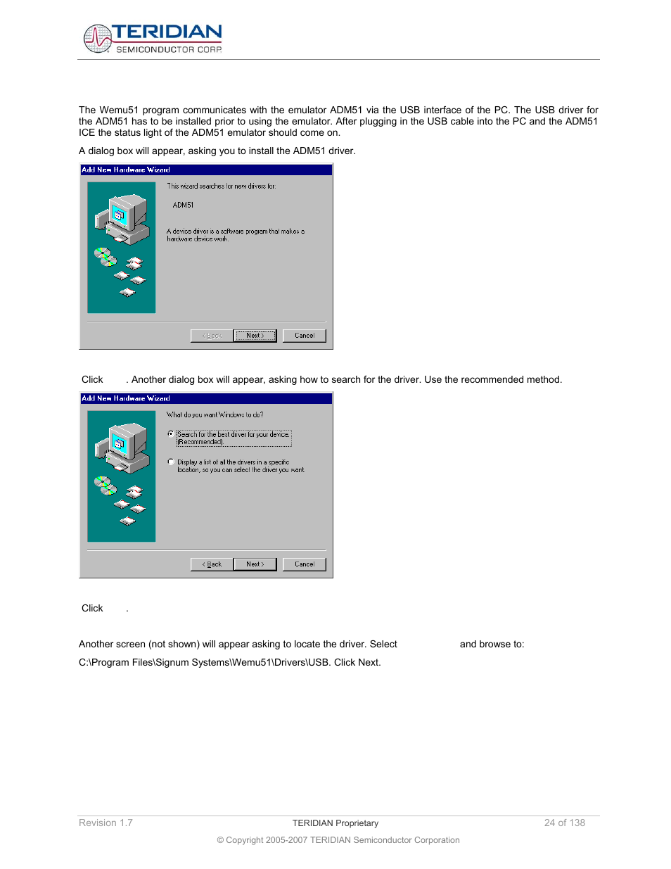3 installing the adm51 usb driver, Installing the adm51 usb driver | Maxim Integrated 71M6521BE Energy Meter IC Family Software User Manual | Page 24 / 138