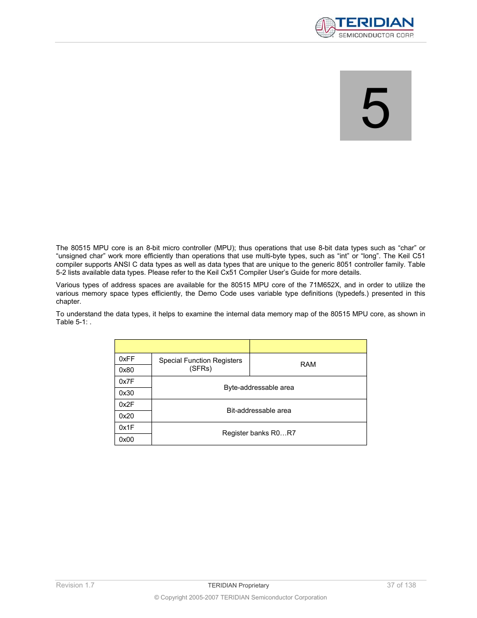 Demo code description, 1 data types, Demo code descrip | 80515 data types and compiler-specific information, Data types, 5demo code description | Maxim Integrated 71M6521BE Energy Meter IC Family Software User Manual | Page 37 / 138