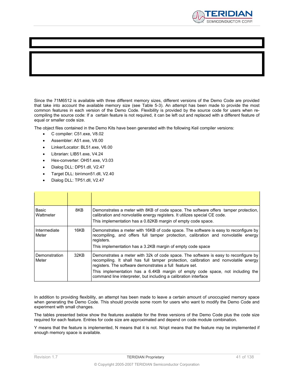 2 demo code options and program size, Demo code options and program size | Maxim Integrated 71M6521BE Energy Meter IC Family Software User Manual | Page 41 / 138